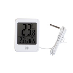 Digitaalne termomeeter sise-välis, kellaga, valge MIN-MIX näiduga