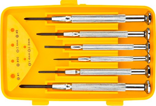 Precision screwdriver set, CrV, 6pcs slotted 1,4, 2,0, 2,4mm, cross PH00, PH0, PH1