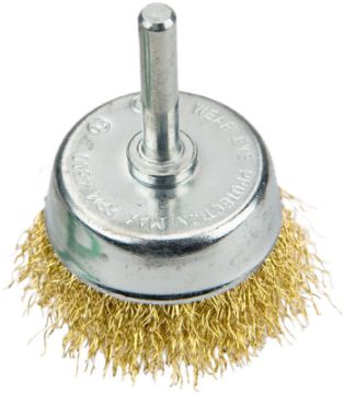 Cup brush 50mm with shaft brass plated steel wire, crimped