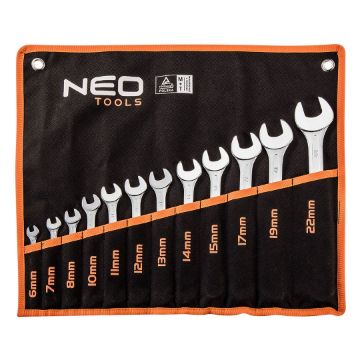 Combination spanner set, CrV, DIN 3113, 12 pcs 6,7,8,10,11,12,13,14,15,17,19,22mm