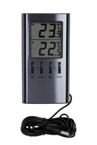 Digital indoor/outdoor thermometer, silver inside -10º - +40ºC, outside -50º - +60ºC