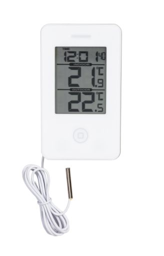 Digital indoor/outdoor thermometer with clock white