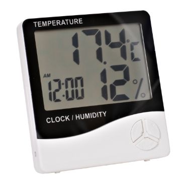 Digital indoor thermometer-hygrometer, withe with clock