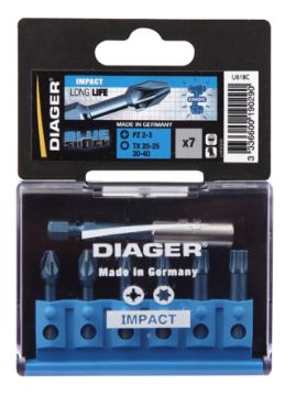 Set 7 blue-shock bits 30mm PZ2-3 / T20-25-30-40 1 standard btis holder