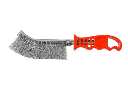 All purpose hand scratch brush 265/140 crimped steel wire 0,30 T25 plastic handle red