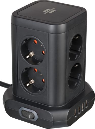 Socket tower 8-fold with 4x USB black 2m H05VV-F3G