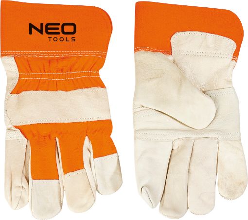 Working gloves, cow grain leather+ fabric palm lined, rubberized cuff, size 10,5