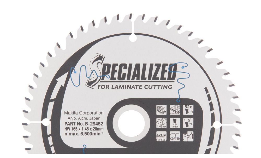 T.C.T saeketas  165X1.45X20mm 5° T52T.C.T • 165 x20 mm • T52 • 5° • MDF/laminaat