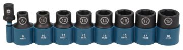 LÖÖKPADRUNITE KMPL. 9-OSALINE 1/2'' x 38mm (8, 10, 11, 12, 13, 14, 15, 16, 17, 18mm) +Padruni adapter 1/2"x50mm