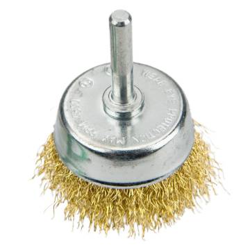 Cup brush 75mm with shaft, brass plated steel wire crimped