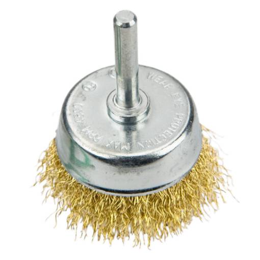 Cup brush 75mm with shaft, brass plated steel wire crimped
