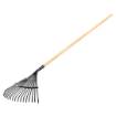 Fan rake for leaves, wooden handle