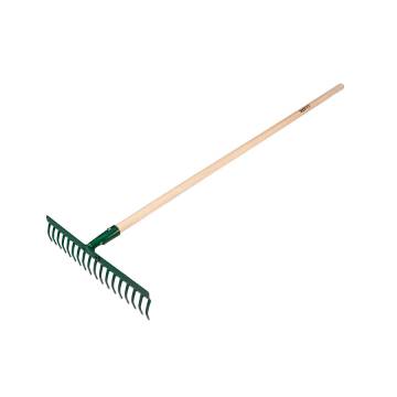 Universal straight rake, 18 tines, riveted head, wooden handle