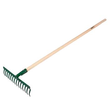 Universal straight rake, 14 tines, riveted head, wooden handle