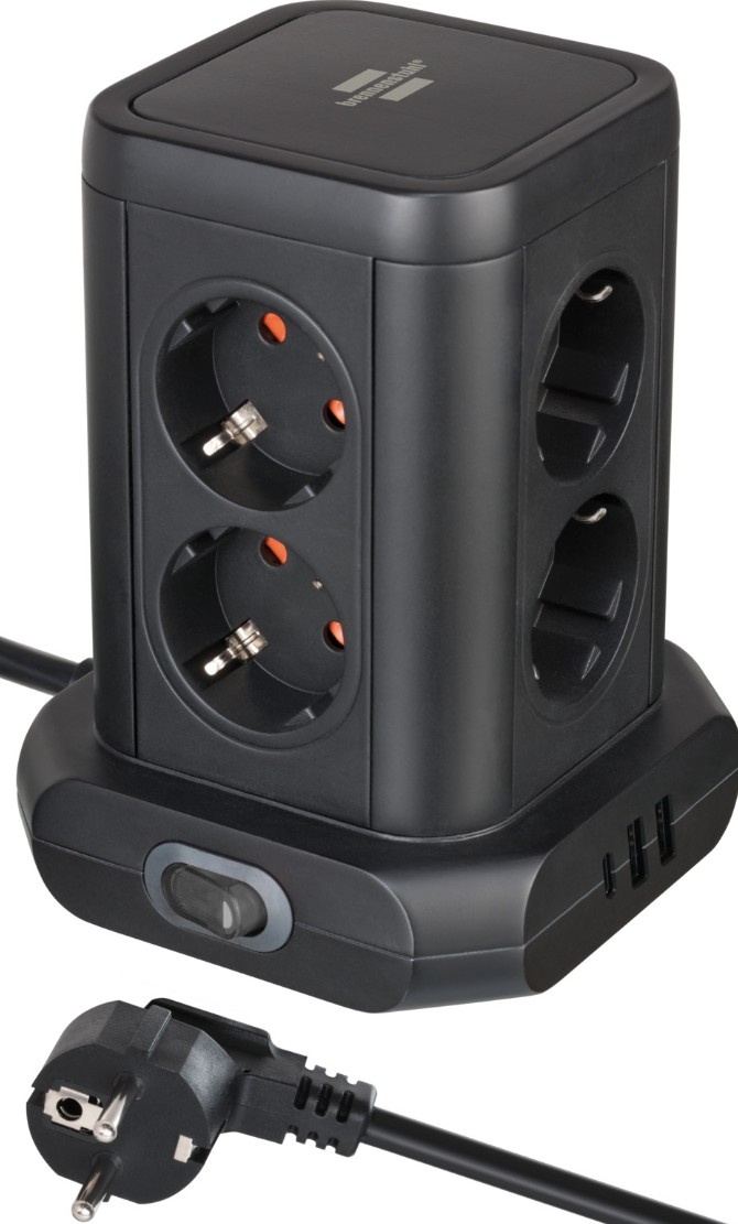 Tower Extension Lead 8-way, 2x USB A & 1x USB C 2m cable, two-pole switch