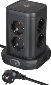 Tower Extension Lead 8-way, 2x USB A & 1x USB C 2m cable, two-pole switch