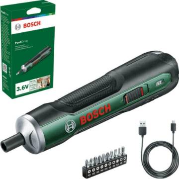 PushDrive cordless screwdriver with integrated 3.6V battery + 10-piece screw bit set