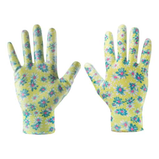 Garden gloves, nitrile coated, floral pattern, size 8"