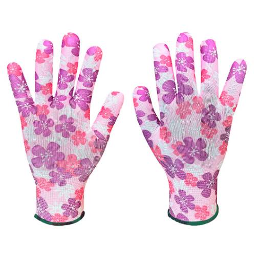 Garden gloves, polyester, flower pattern, size 9"