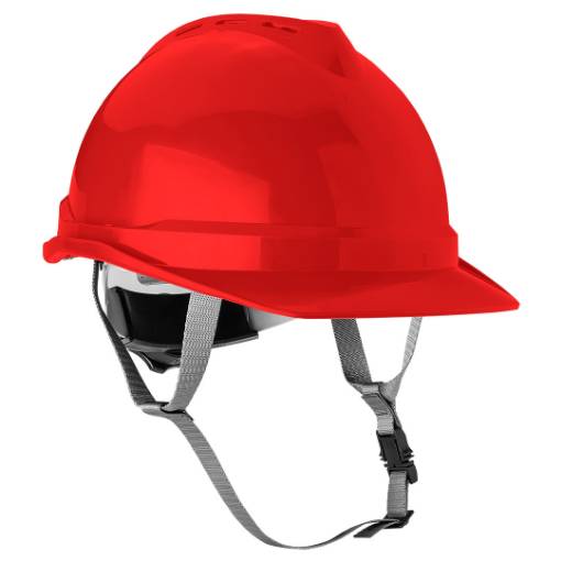 Industrial helmet with chin strap, red