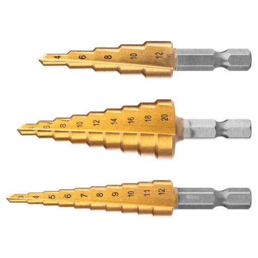 HSS TiN step drill bit set, 3-20 mm, Hex, 3 pcs