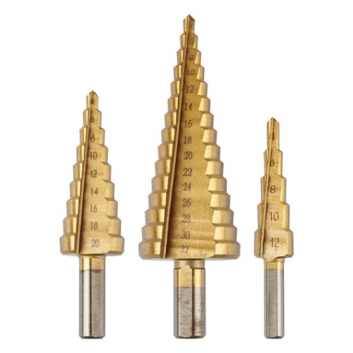 Step drills: 4-12, 4-20, 4-32 mm, TiN, set 3 pcs