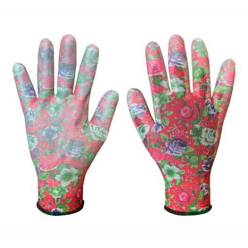 PU coated garden gloves, rose pattern, size 8"