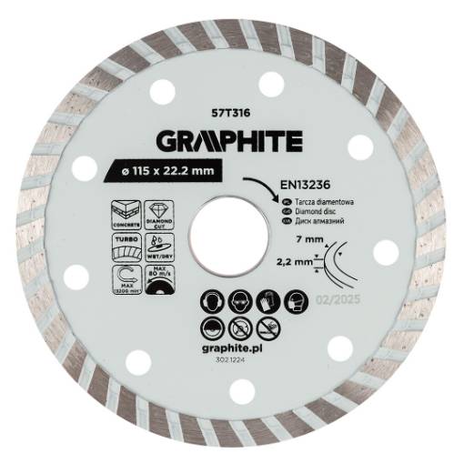 Turbo cutting diamond disc, 115 x 22.22 mm, dry and wet
