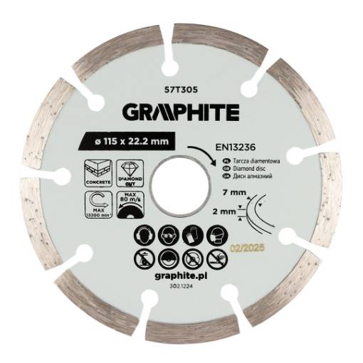 Segmented diamond cutting disc, 115 x 22.2 mm, dry