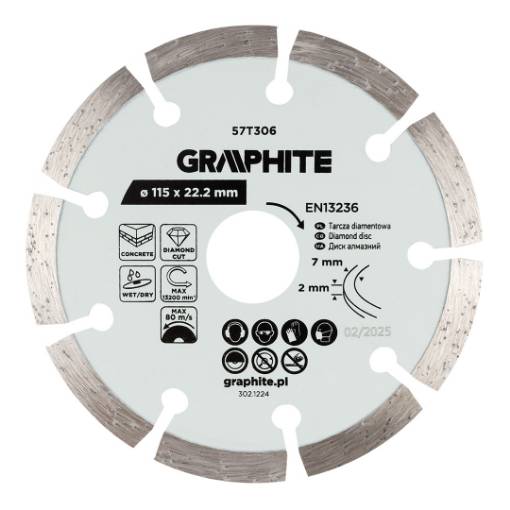Segmented diamond cutting disc, 115 x 22.2 mm, dry and wet