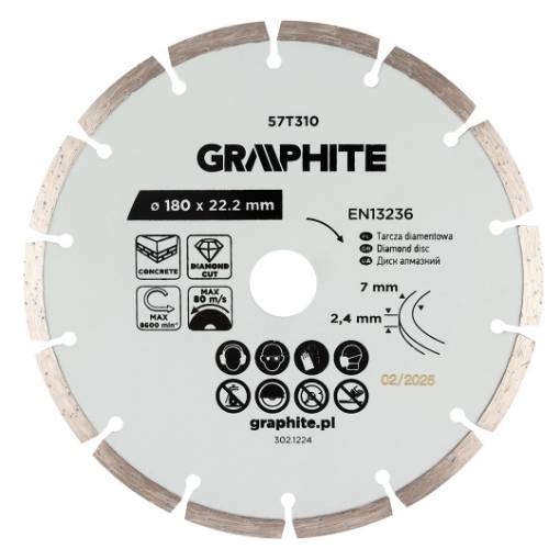 Segmented diamond cutting disc, 180 x 22.2 mm, dry