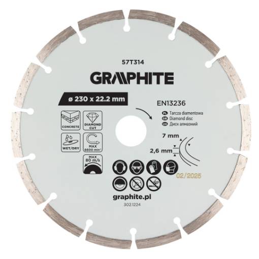 Segmented diamond cutting disc, 230 x 22.2 mm, dry and wet