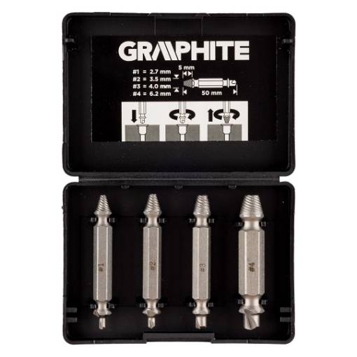 Reversible screw extractors for broken screws or damaged sockets, set 4 pcs