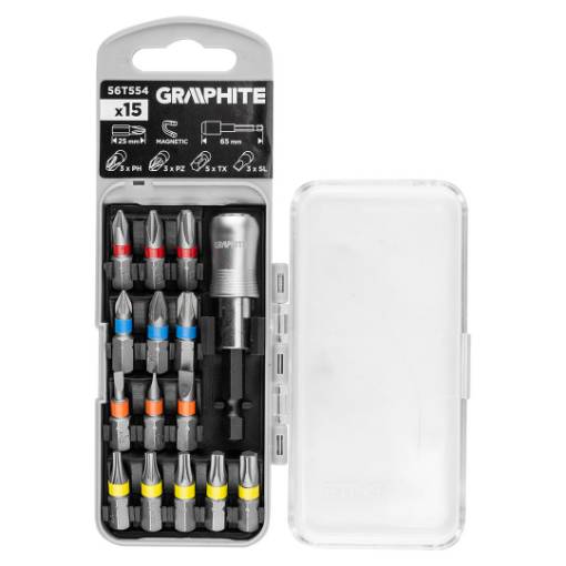 Bit set SL3/4/5, PH1/2/3, PZ1/2/3, TX10/15/20/25/30 x 25 mm, with holder magnet. 65 mm, 15 pcs.
