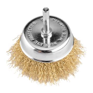 Cup wire brush 75 mm, crimped wire, brass-plated, with 6 mm shank