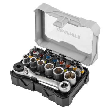 Set of 25 mm bits and sockets with ratchet and 60 mm magnetic holder, 24 pieces.