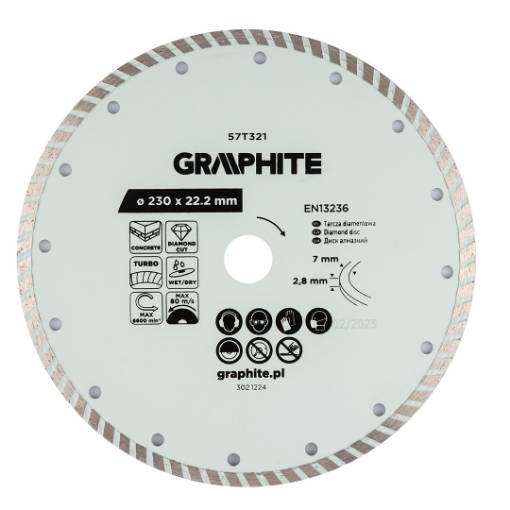 Turbo cutting diamond disc, 230 x 22.22 mm, dry and wet
