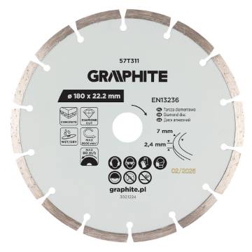 Segmented diamond cutting disc, 180 x 22.2 mm, dry and wet