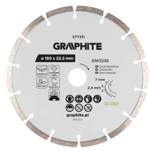 Segmented diamond cutting disc, 180 x 22.2 mm, dry and wet