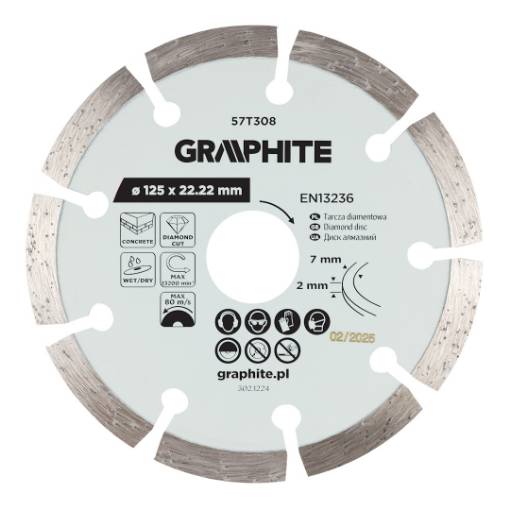 Segmented diamond cutting disc, 125 x 22.2 mm, dry and wet