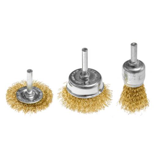 Wire brushes, crimped wire, brass-plated, 25, 37, 50 mm, 3 pcs., shank 6 mm