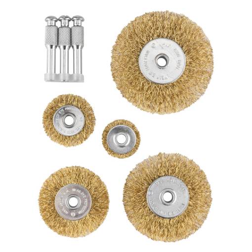 Wire wheel brushes, crimped wire, brass-plated, 25, 38, 50, 63, 75 mm, 5 pcs.