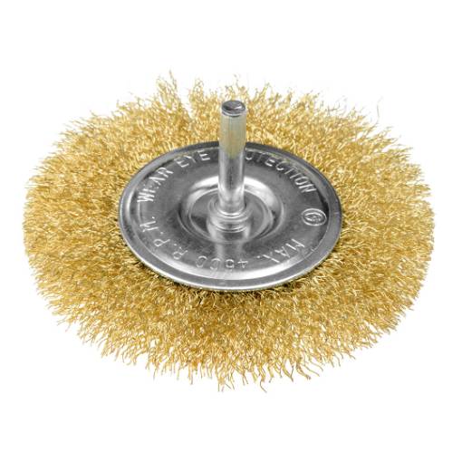 Wire wheel brush 100 mm, crimped wire, brass-plated, with 6 mm shank