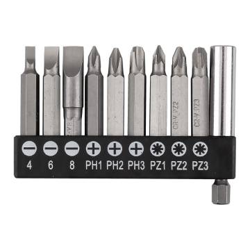 Bit set SL4/6/8, PH1/2/3, PZ1/2/3 x 50 mm, with 60 mm magnetic holder, 10 pcs.
