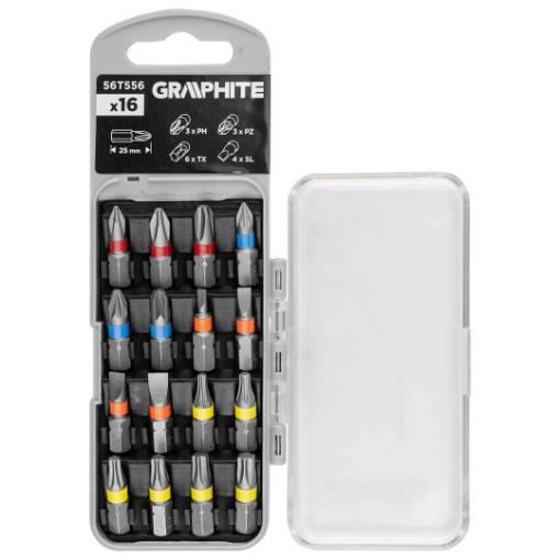 Bit set SL3/4/5/6, PH1/2/3, PZ1/2/3, TX10/15/20/25/27/30 x 25 mm, 16 pcs.