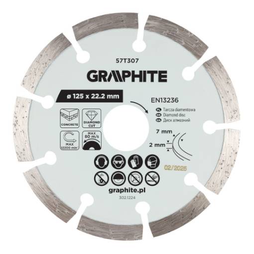 Segmented diamond cutting disc, 125 x 22.2 mm, dry
