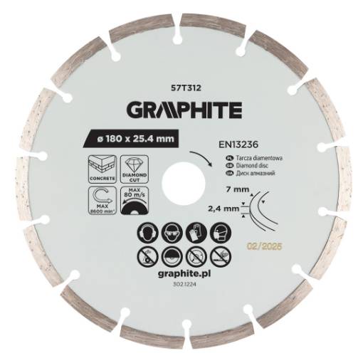 Segmented diamond cutting disc, 180 x 25.4 mm, dry