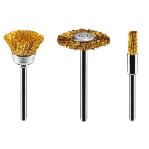 Brass wire brush set: end brush, cup brush, wheel brush, set 3 pcs