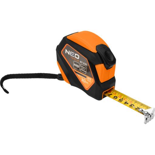 Retractable steel tape measure 10 m x 25 mm, auto-locking, stop button, magnet