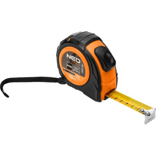 Retractable steel tape measure 10 m x 25 mm, auto-locking, two stop buttons